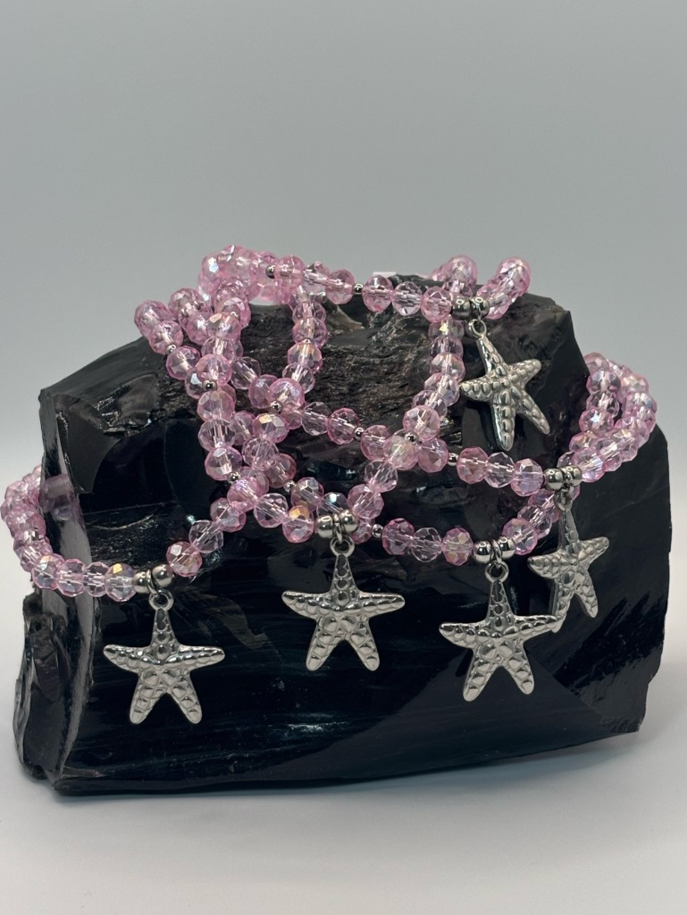 *ANKLET* Silver Starfish with Pink Crystal Stretchy Anklet